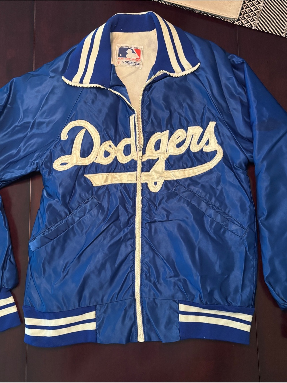 STARTER Dodgers Satin Bomber Jacket in Royal Blue and White